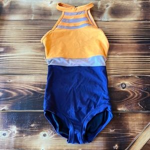 Five Dancewear child XL halter leo in orange and navy